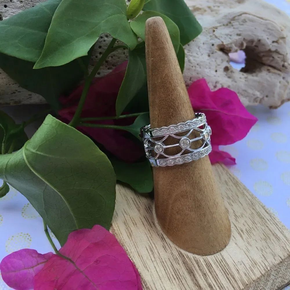 Wide sterling silver CZ cage ring 8